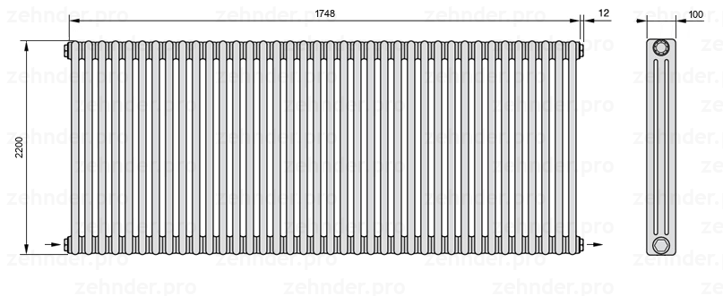 Схема (чертеж) Радиатор Zehnder Charleston 3220/38 №2670 Белый глянцевый RAL 9016